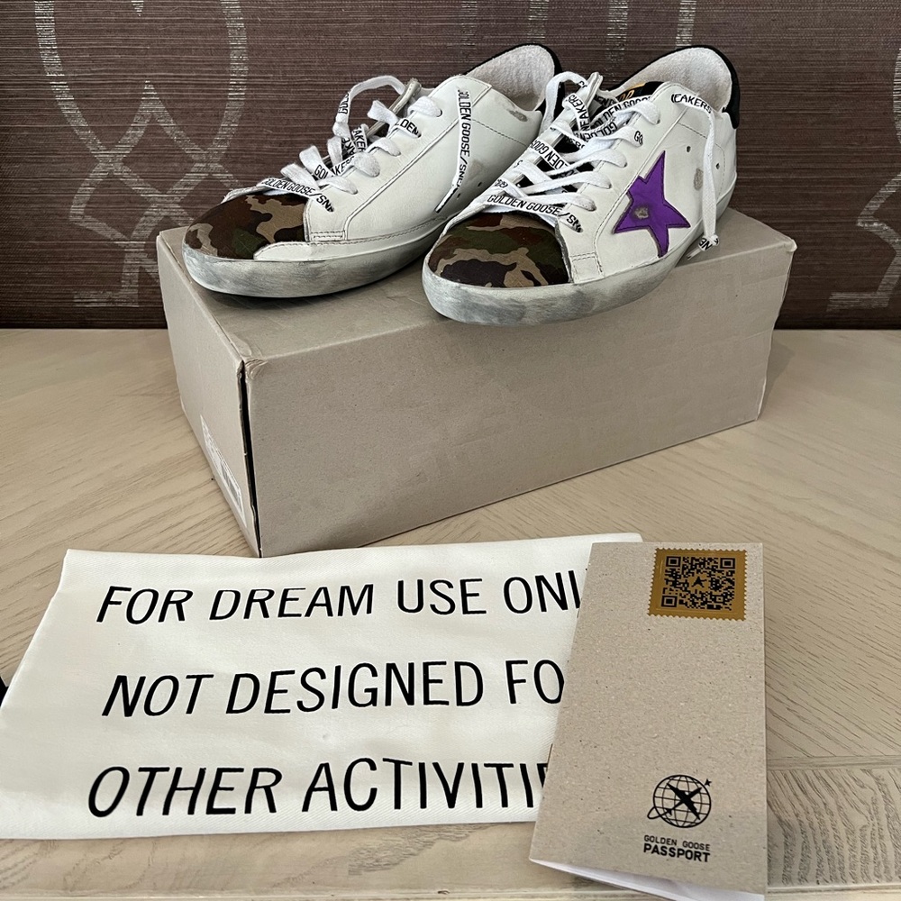 Golden Goose White/Green Camouflage/ Purple/Black 
Size 39